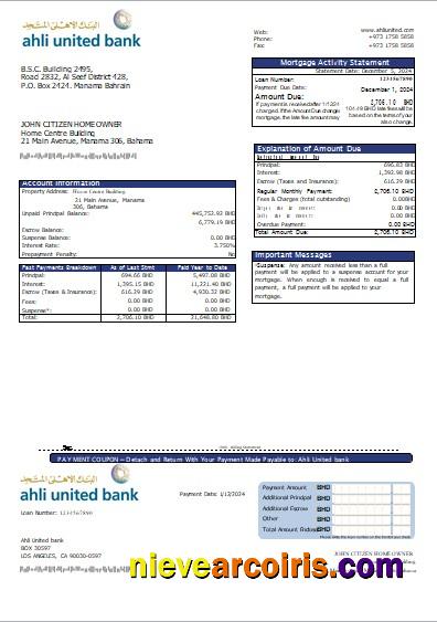 Bahrain Ahli United bank mortgage statement